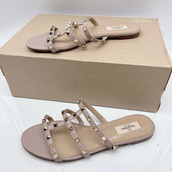 Valentino Garavani Womens Rockstud Flat Slide Sandals P45 Poudre Leather EU 39 - Picture 6 of 11